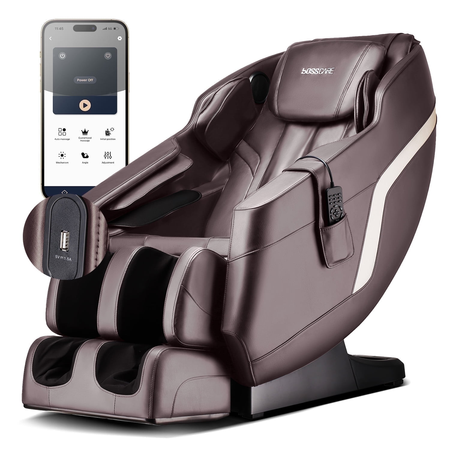 BOSSCARE Full Body Massage Chair, Zero Gravity Recliner with Airbag, APP Control, Brown