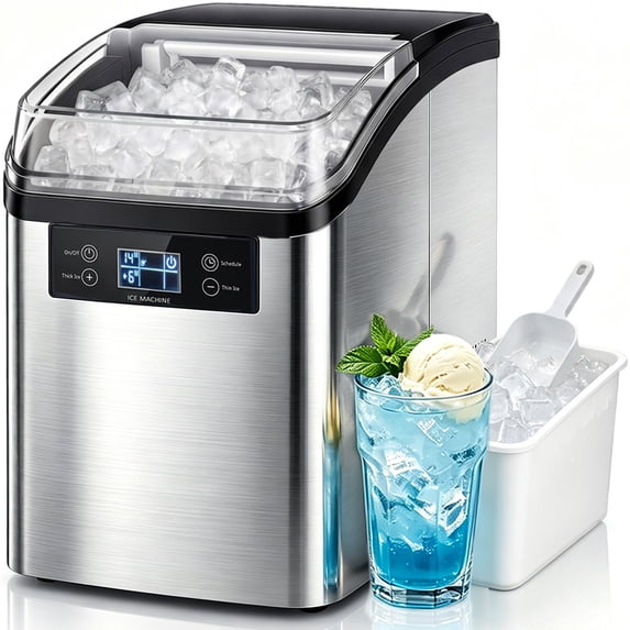 BOSSIN 44lbs/24H Nugget Ice Maker Countertop, 13-Level Adjustable Chewable Pellet Ice Machine with Self-Cleaning, Stainless Steel