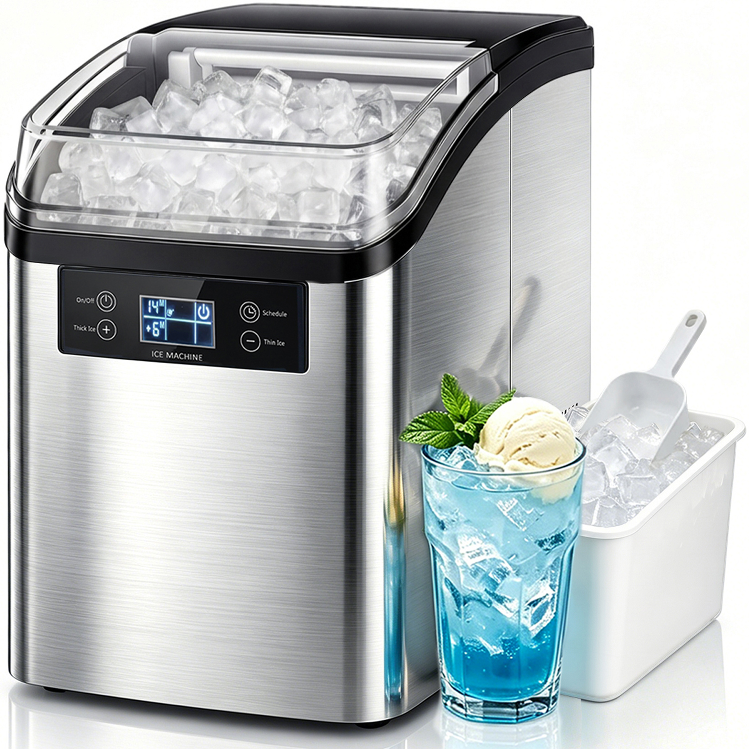BOSSIN 44lbs/24H Nugget Ice Maker Countertop, 13-Level Adjustable Chewable Pellet Ice Machine with Self-Cleaning, Stainless Steel