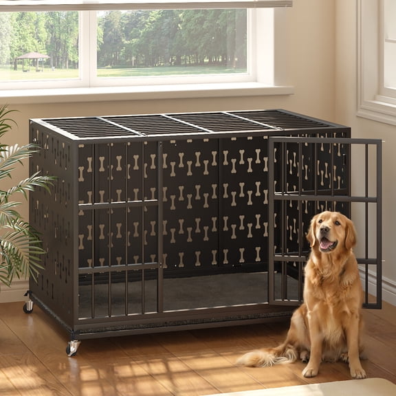 BOSSIN 48 Inch Steel Cushion Dog Crate Heavy Duty Chew Proof Kennel for Large Dogs, XL Metal Cage with Locking Wheels