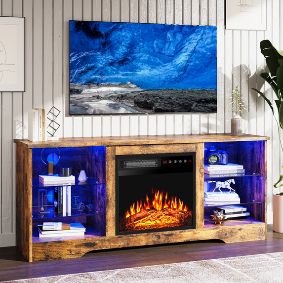 BOSSIN 58" Fireplace TV Stand for TVs up to 65 inch Console with 18'' Electric Fireplace & Remote, Wooden Modern Entertainment Center for Living Room with LED Light Glass Shelves