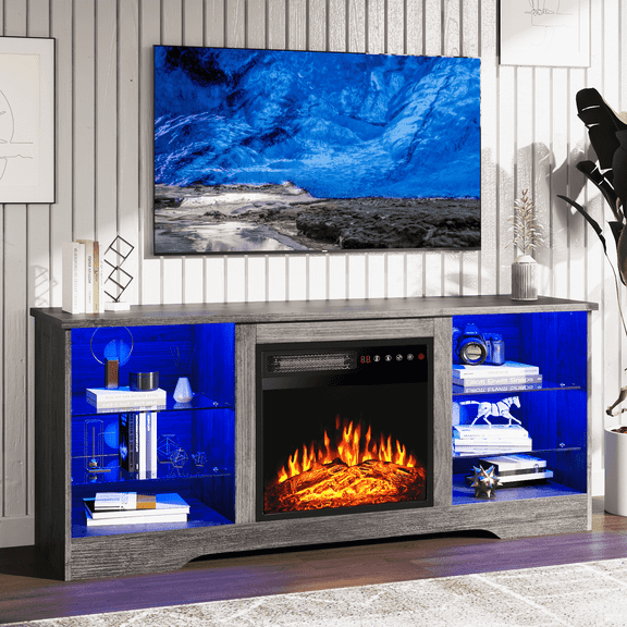 BOSSIN 58" Fireplace TV Stand for TVs up to 65 inch Console with 18'' Electric Fireplace & Remote, Wooden Modern Entertainment Center for Living Room with LED Light Glass Shelves