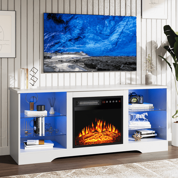 BOSSIN 58" Fireplace TV Stand for TVs up to 65 inch Console with 18'' Electric Fireplace & Remote, Wooden Modern Entertainment Center for Living Room with LED Light Glass Shelves