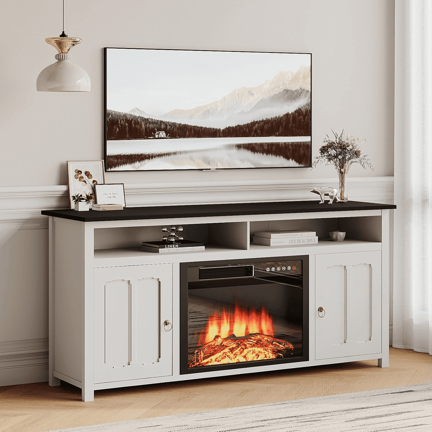 BOSSIN 58 Inch Farmhouse Fireplace TV Stand for 65 inch TVs with 23'' Electric Fireplace & Remote, Entertainment Center for Living Room
