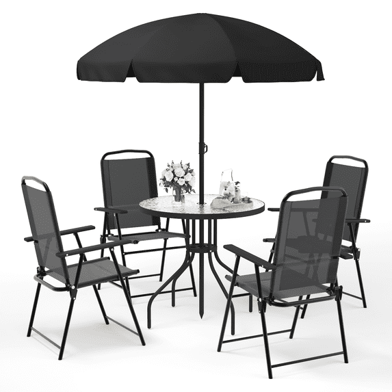 BOSSIN 6 Piece Patio Dining Set with Umbrella,Glass Table and 4 Folding Chair for Lawn,Backyard and Garden