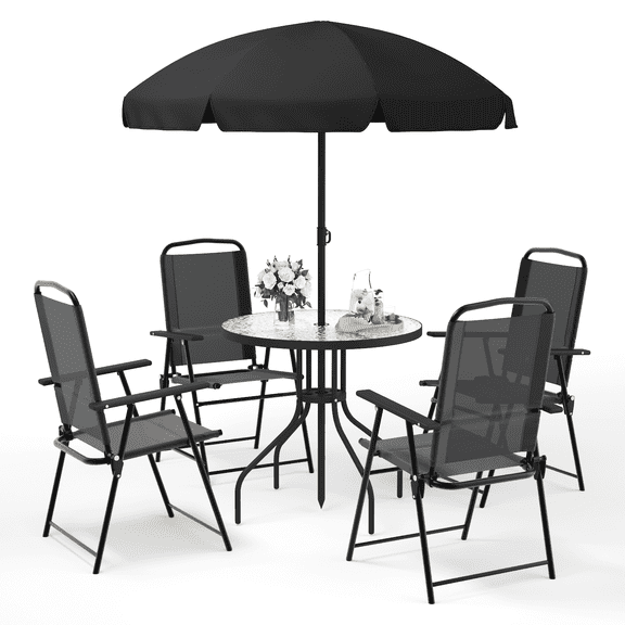 BOSSIN 6 Piece Patio Dining Set with Umbrella,Glass Table and 4 Folding Chair for Lawn,Backyard and Garden