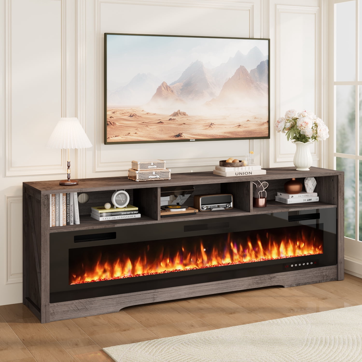 BOSSIN 65 Inches Fireplace TV Stand with 60" Electric Fireplace Up to 75" TV, Entertainment Center with Open Shelve Storage for Living Room