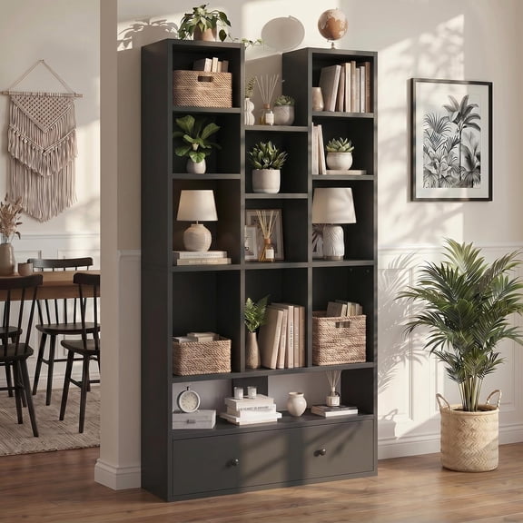 BOSSIN 65" Tall Bookshelf with Drawers, 12-Cube Wooden Bookcase with Storage Cabinet, Modern 5-Tier Open CD Display Organizer Shelf with Anti-Tip Device for Home Office Library, Black