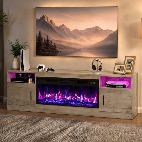 BOSSIN 70 Inch Modern Electric Fireplace TV Stand for TVs up to 80", High Gloss Entertainment Center with 36" Fireplace, LED Media Console Storage Cabinet with 20 Colors Lights, Gray