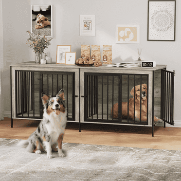 BOSSIN 78inch Wooden Dog Crate Furniture for 2 Dogs, Large Double Dog Cage Furniture with Divider, Wooden Indoor Dog Kennel for Medium Large Dogs