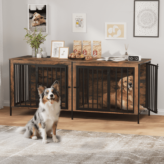 BOSSIN 78inch Dog Crate Furniture for 2 Dogs, Large Double Dog Cage Furniture with Divider, Wooden Indoor Dog Kennel for Medium Large Dogs