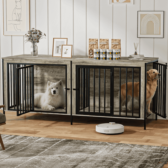BOSSIN 78inch Wooden Dog Crate Furniture for 2 Dogs, Large Double Dog Cage Furniture with Divider, Wooden Indoor Dog Kennel for Medium Large Dogs