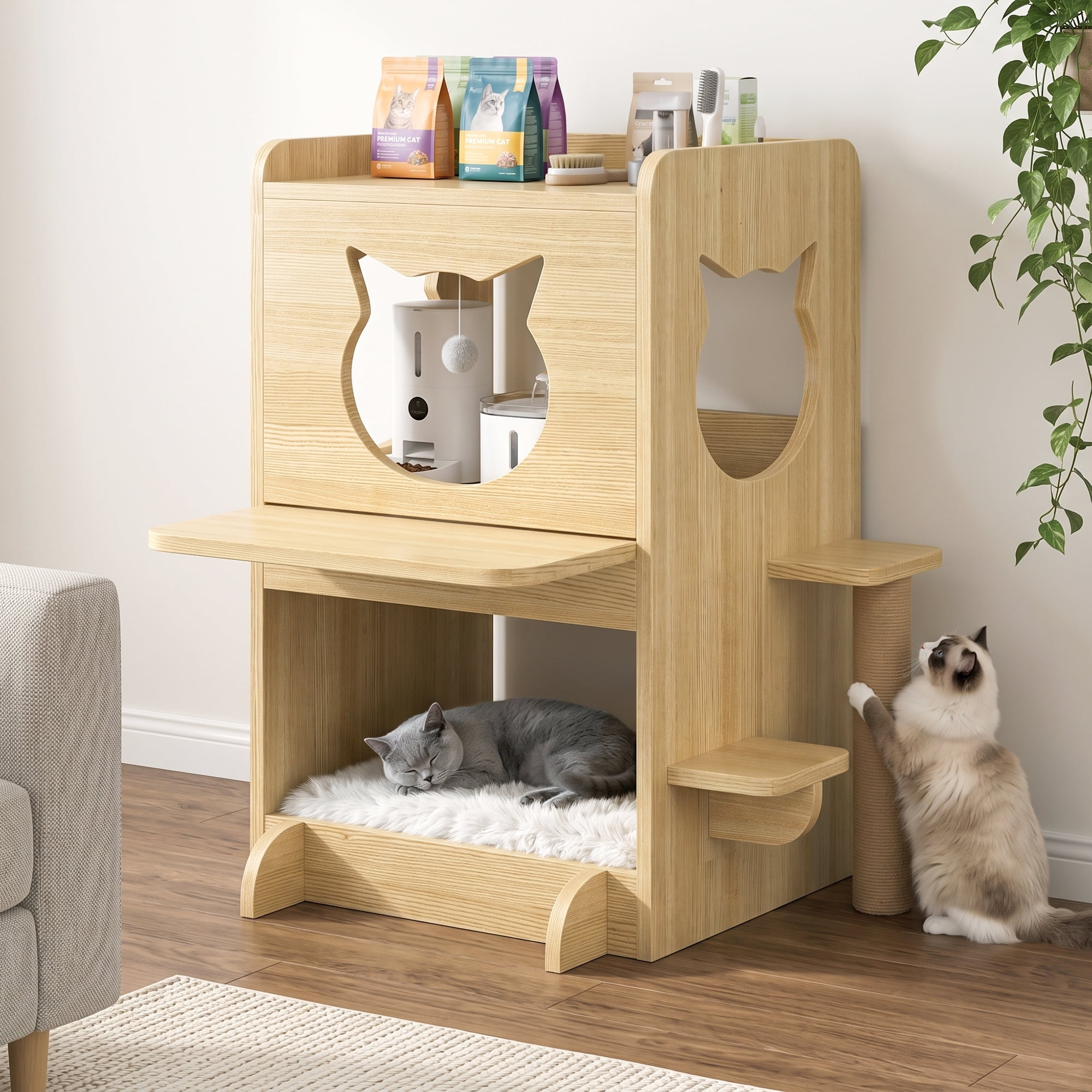 BOSSIN Cat Feeding Station with Water Fountain Space, Window Perch ...