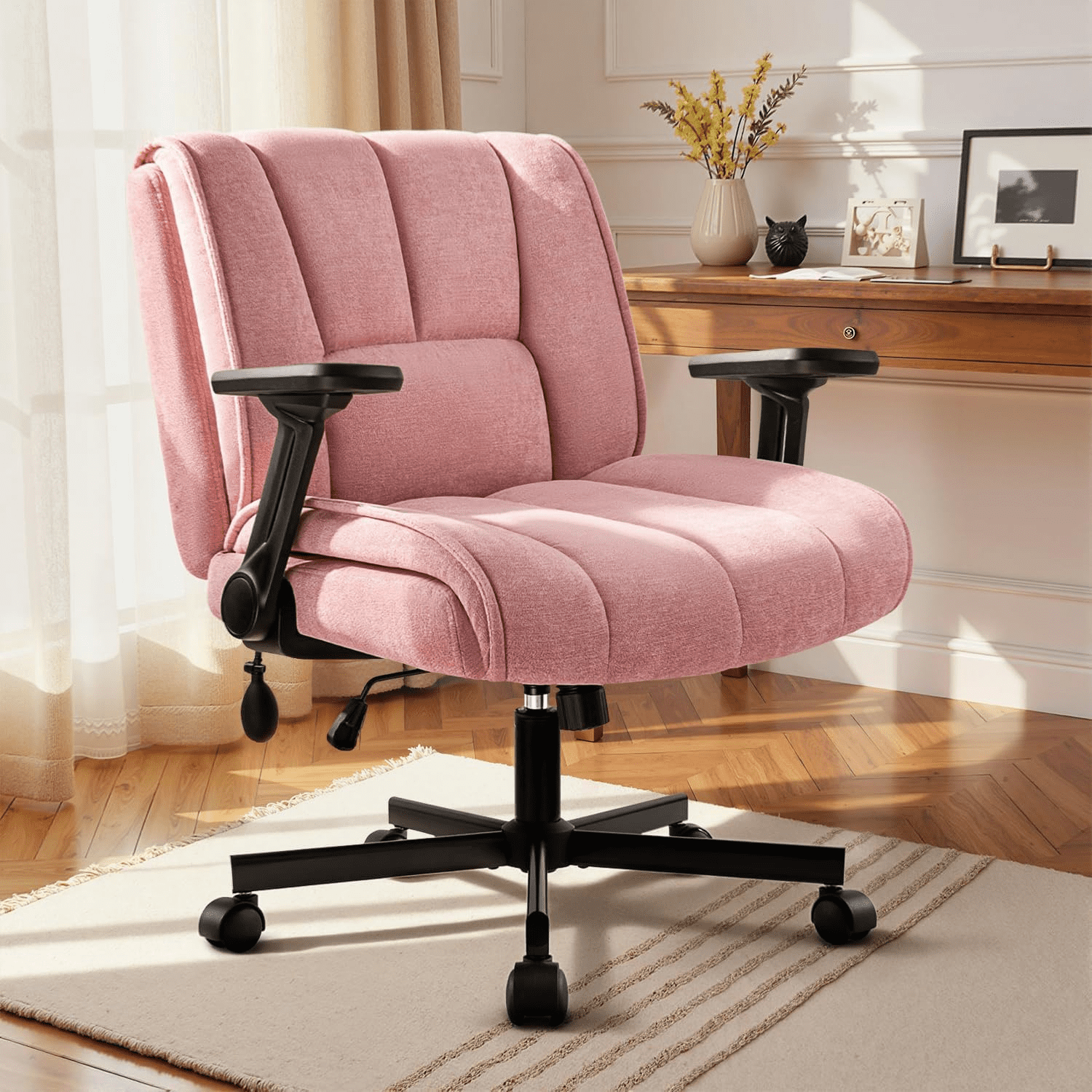 BOSSIN Criss Cross Chair with Wheels,Cross Legged Office Chair,Wide Criss Cross Chair with Flip-Up Arms & Extra-Deep Seat Thickened for Office Chair,Plush Cushion,Cute,Comfy,Pink