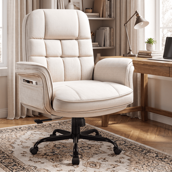BOSSIN Ergonomic Computer Desk Chair, Flip-Up Armrests & 135° Reclining Wide Seat Office Chair, Heavy-Duty Support for Big and Tall Users with Wheels, Beige
