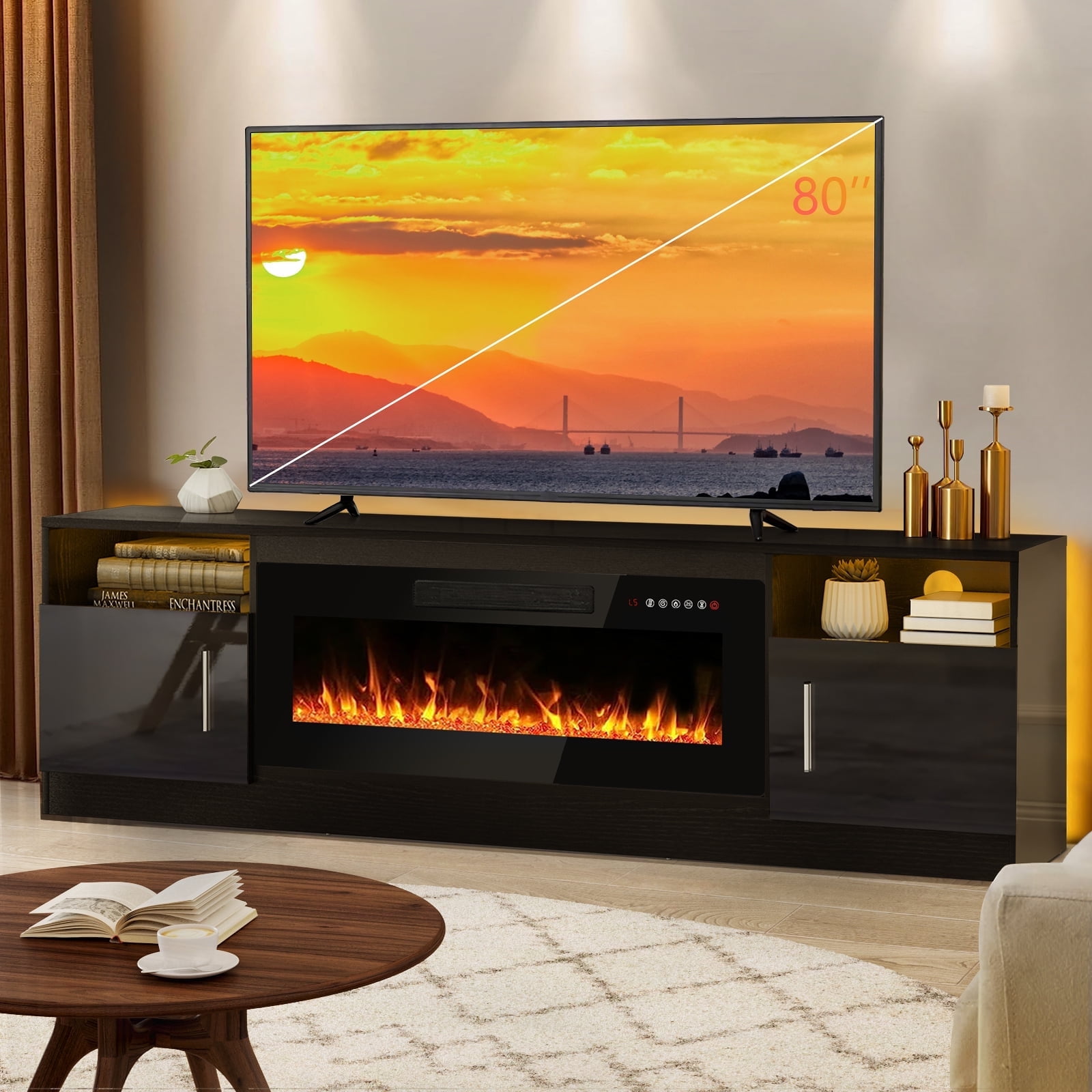 Black 70-Inch TV Stand with 36-Inch Electric Fireplace