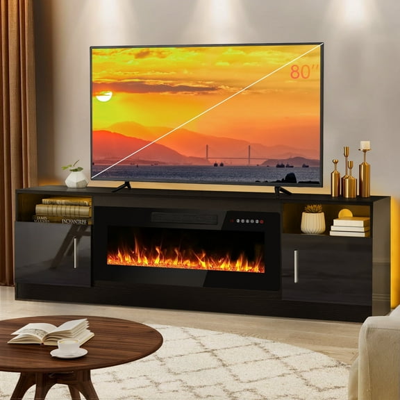 BOSSIN Fireplace TV Stand with 36 inch Fireplace Up to 80" TVs,LED Light Entertainment Center and Storage, 70" Modern Wood Media TV Console with Highlight Cabinet for Living Room