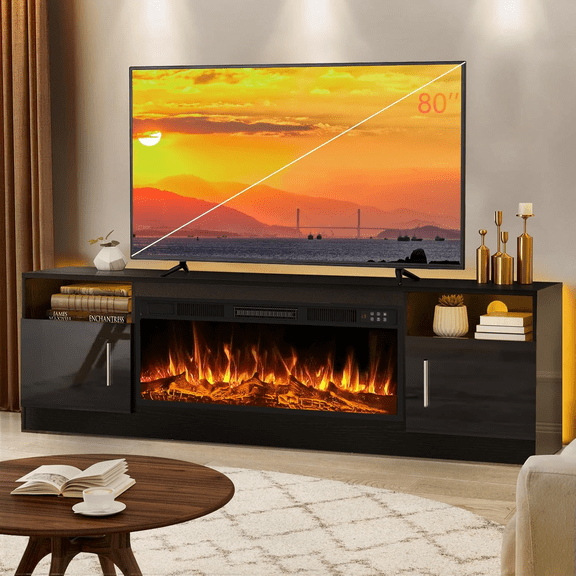 BOSSIN Fireplace TV Stand with 36 inch Fireplace Up to 80" TVs,LED Light Entertainment Center and Storage, 70" Modern Wood Media TV Console with Highlight Cabinet for Living Room