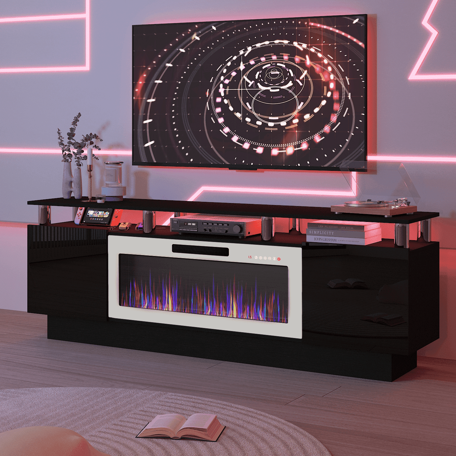 BOSSIN Fireplace TV Stand with 36" Electric Fireplace for Living Room,LED Light Entertainment Center,2 Tier TV Console Stand for TVs Up to 80"