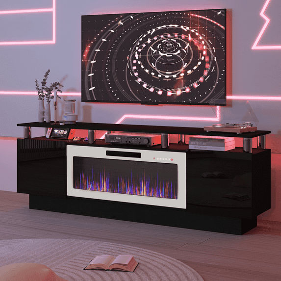 BOSSIN Fireplace TV Stand with 36" Electric Fireplace for Living Room,LED Light Entertainment Center,2 Tier TV Console Stand for TVs Up to 80"