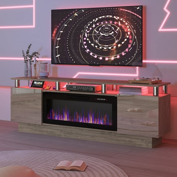 BOSSIN Fireplace TV Stand with 36" Electric Fireplace for Living Room,LED Light Entertainment Center,2 Tier TV Console Stand for TVs Up to 80"