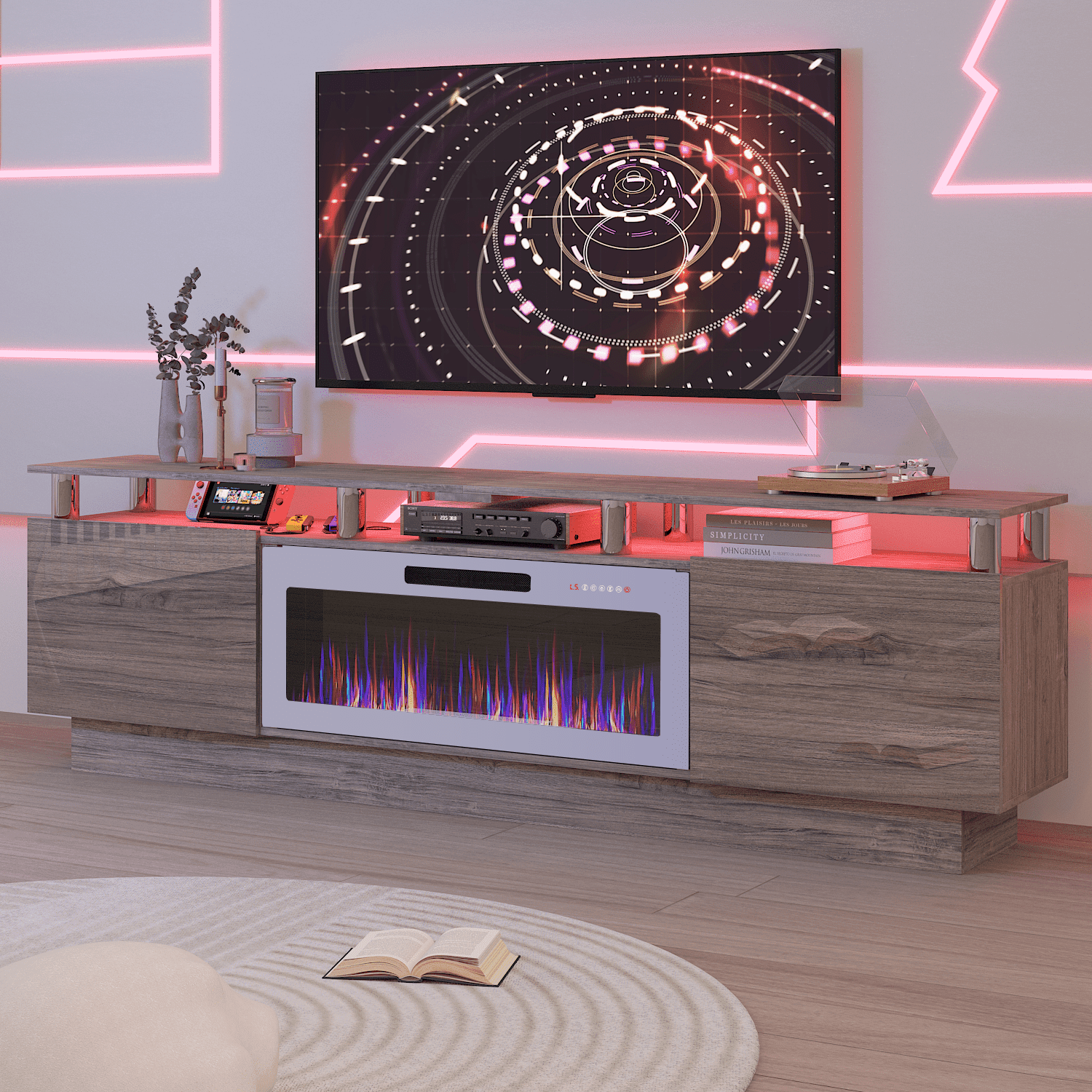 BOSSIN Fireplace TV Stand with 36" Electric Fireplace for Living Room,LED Light Entertainment Center,2 Tier TV Console Stand for TVs Up to 90"