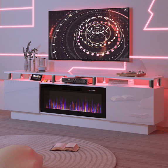 BOSSIN Fireplace TV Stand with 36" Electric Fireplace for Living Room,LED Light Entertainment Center,2 Tier TV Console Stand for TVs Up to 90"