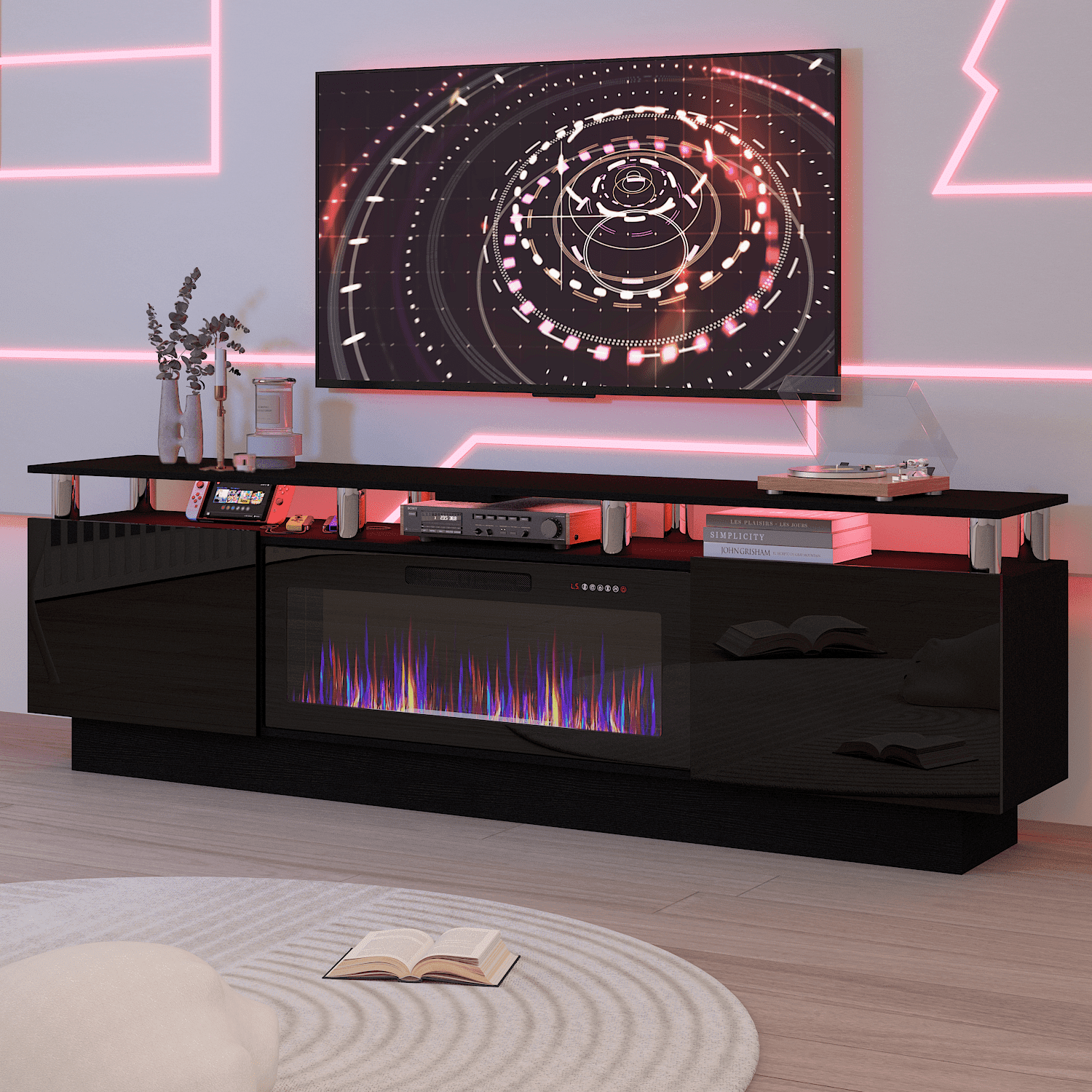 BOSSIN Fireplace TV Stand with 36" Electric Fireplace for Living Room,LED Light Entertainment Center,2 Tier TV Console Stand for TVs Up to 90"