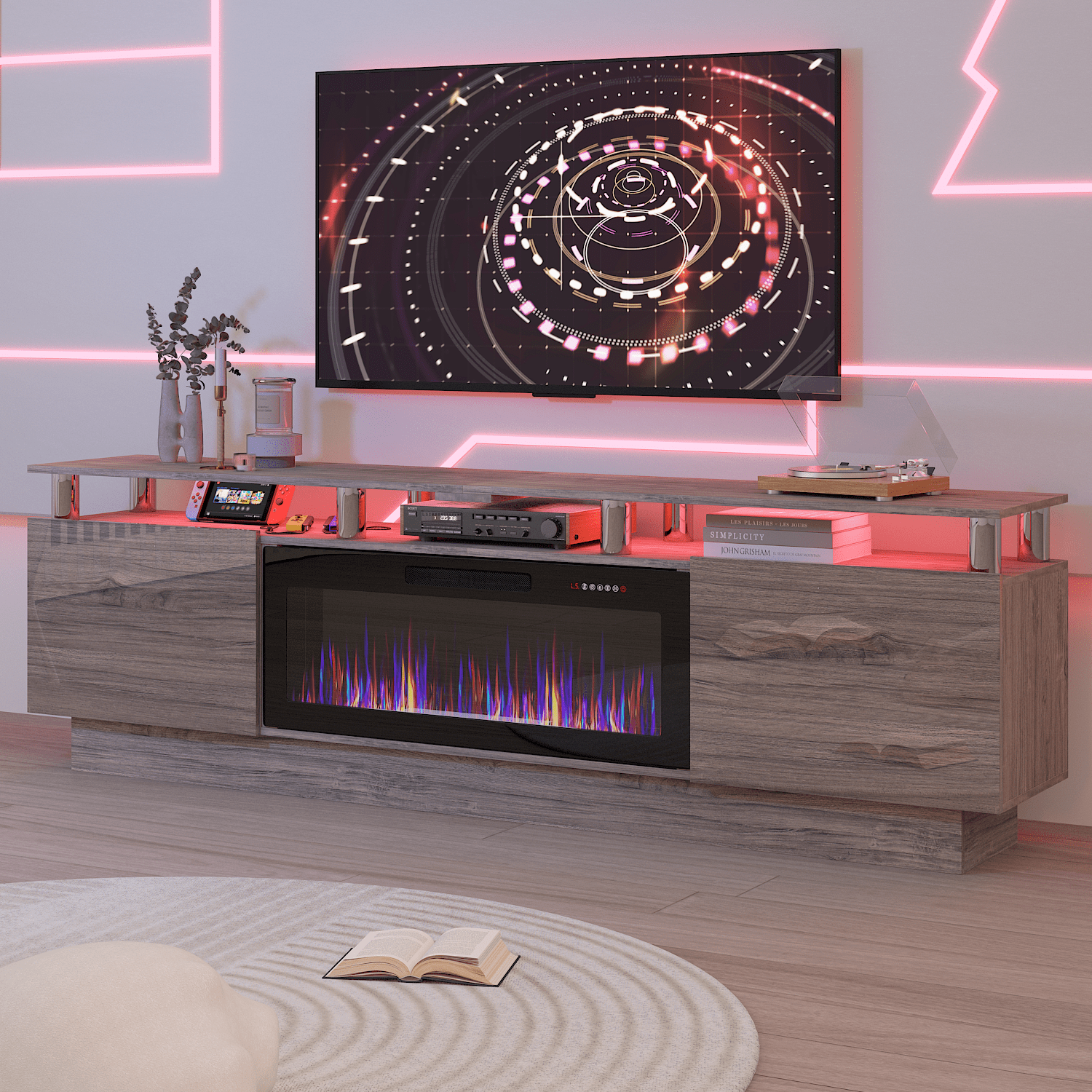 BOSSIN Fireplace TV Stand with 36" Electric Fireplace for Living Room,LED Light Entertainment Center,2 Tier TV Console Stand for TVs Up to 90"