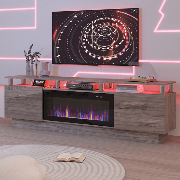 BOSSIN Fireplace TV Stand with 36" Electric Fireplace for Living Room,LED Light Entertainment Center,2 Tier TV Console Stand for TVs Up to 90"