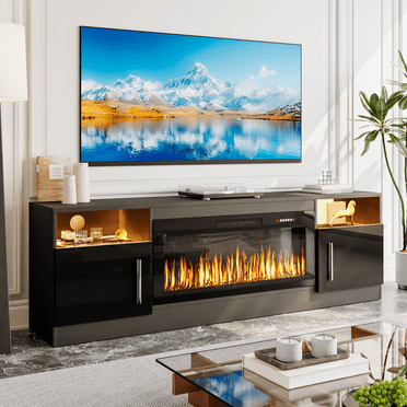 BOSSIN Fireplace TV Stand with 36 inch Fireplace Up to 80" TVs,LED Light Entertainment Center with Highlight Storage Cabinet for living room