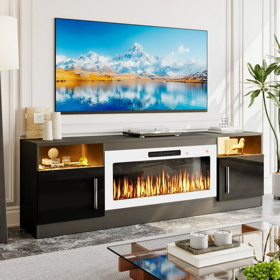 BOSSIN Fireplace TV Stand with 36 inch Fireplace Up to 80" TVs,LED Light Entertainment Center with Highlight Storage Cabinet for living room