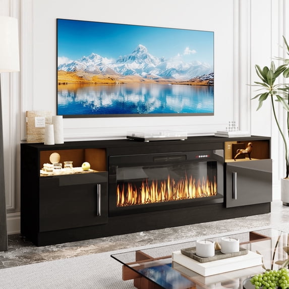 BOSSIN Fireplace TV Stand with 36 inch Fireplace Up to 80" TVs,LED Light Entertainment Center with Highlight Storage Cabinet for living room