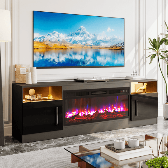 BOSSIN Fireplace TV Stand with 36 inch Fireplace Up to 80" TVs,LED Light Entertainment Center with Highlight Storage Cabinet for living room