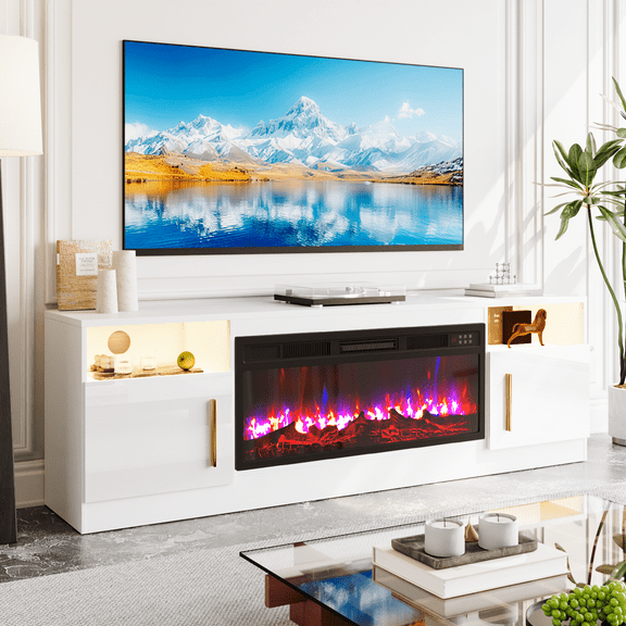 BOSSIN Fireplace TV Stand with 36 inch Fireplace Up to 80" TVs,LED Light Entertainment Center with Highlight Storage Cabinet for living room