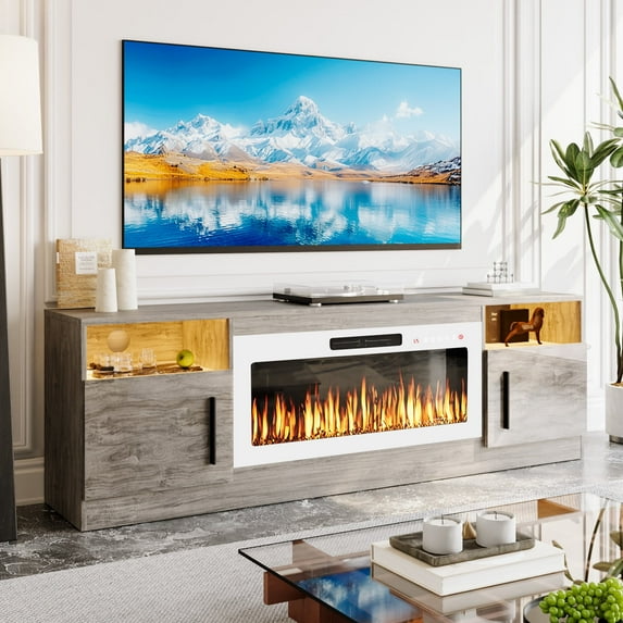 BOSSIN Fireplace TV Stand with 36 inch Fireplace Up to 90" TVs,LED Light Entertainment Center with Highlight Storage Cabinet for living room