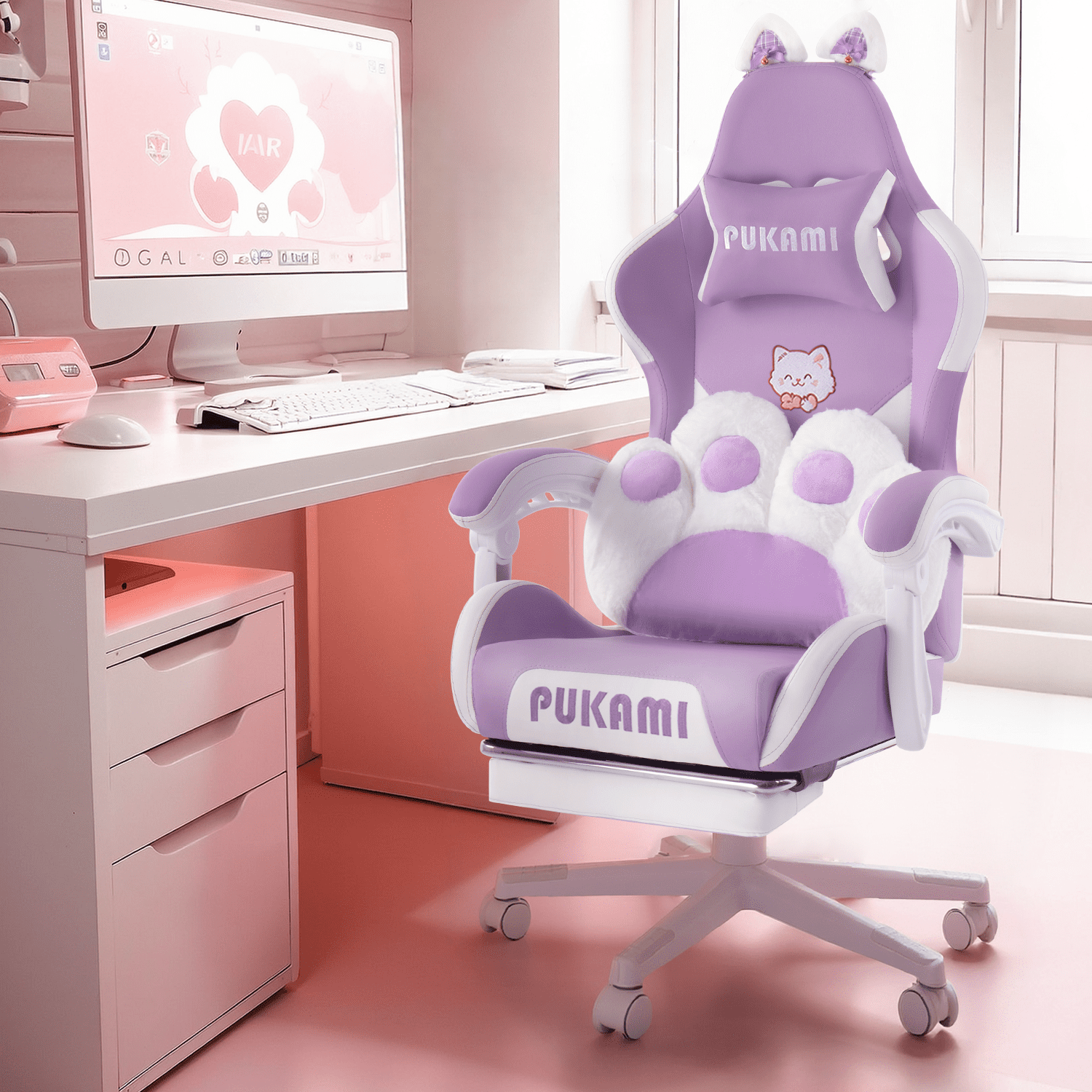 BOSSIN Gaming Chair,Ergonomic Computer Chair for adult with Cat Paw Lumbar Cushion and Cat Ears