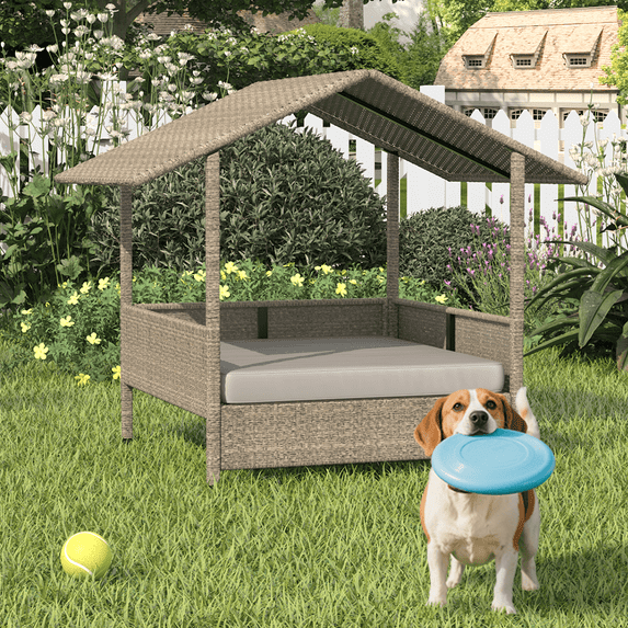 BOSSIN Wicker Dog House with Cushion for Small/Medium Dogs,Outdoor Indoor dog house with Canopy for Deck,Patio,Yard