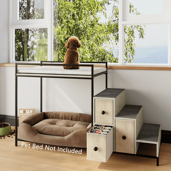 BOSSIN Pet Window Perch with Stairs,  3 Drawers Large Pet Bunk Bed for Dogs and Cats