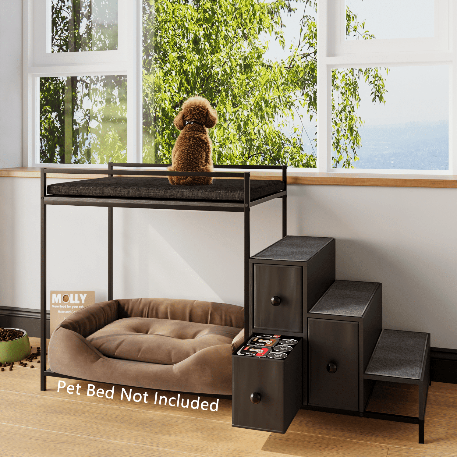 BOSSIN Pet Window Perch with Stairs,  3 Drawers Large Pet Bunk Bed for Dogs and Cats