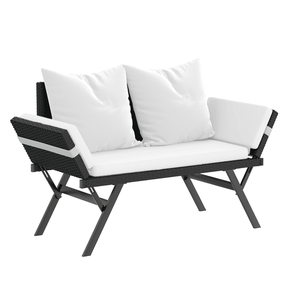 BOSSIN Convertible Outdoor Couch Sofa, Wove Rattan Patio Daybed with Adjstable Armrests,Beige