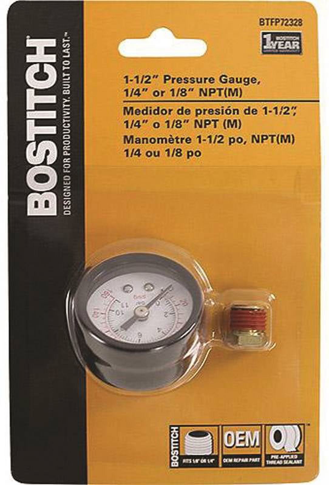 BOSTITCH BTFP72328 1-1/2-Inch Air Pressure Gauge, 1/4 or 1/8 NPT(M)