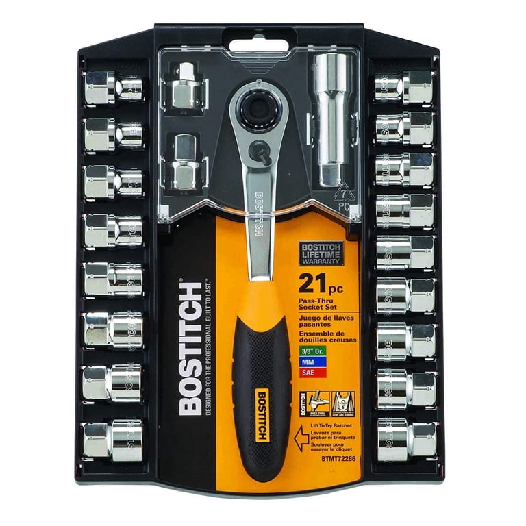 BOSTITCH BTMT72286 21-Piece 3/8-Inch Pass Thru Socket Set