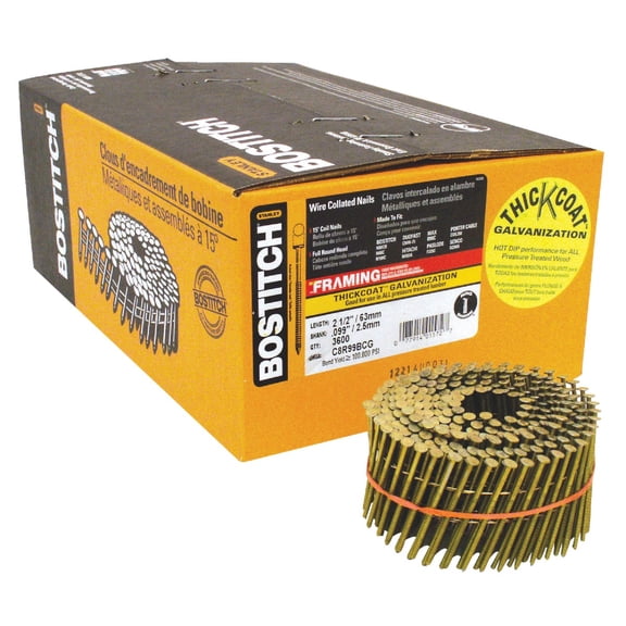 BOSTITCH Framing Coil Nail C8R99BCG - Thickcoat, Ring Shank, 2.5 In, 15 Degree - 3,600/Box