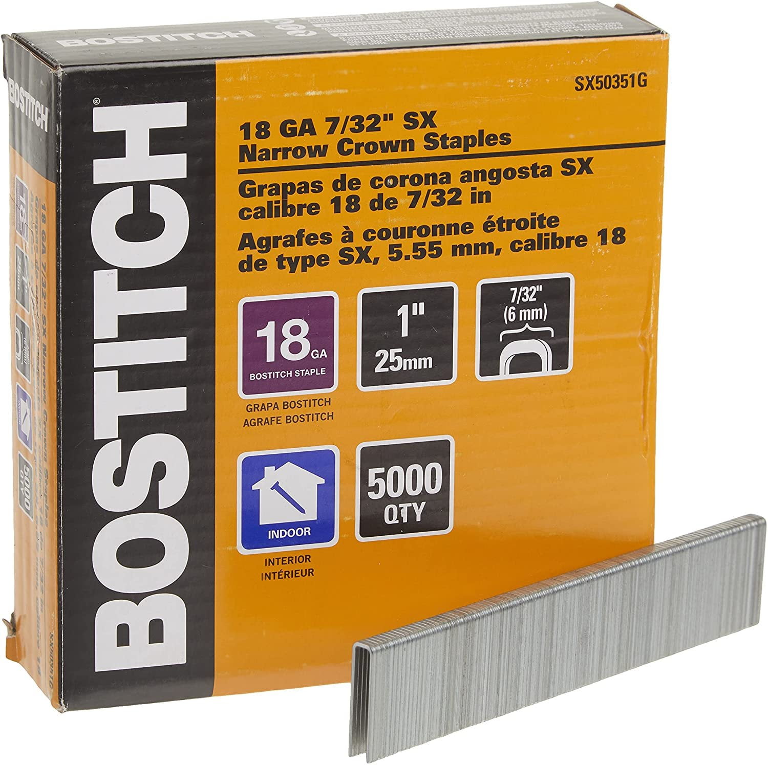 BOSTITCH Crown Staples, Narrow, 1 x 7/32Inch, 18GA, 5000Pack SX50351G