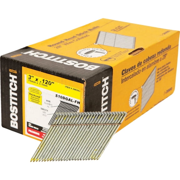 BOSTITCH Framing Nails, 28 Degree, Wire Weld, Galvanized, 3-Inch x .120-Inch, 2000-Pack S10DGAL-FH