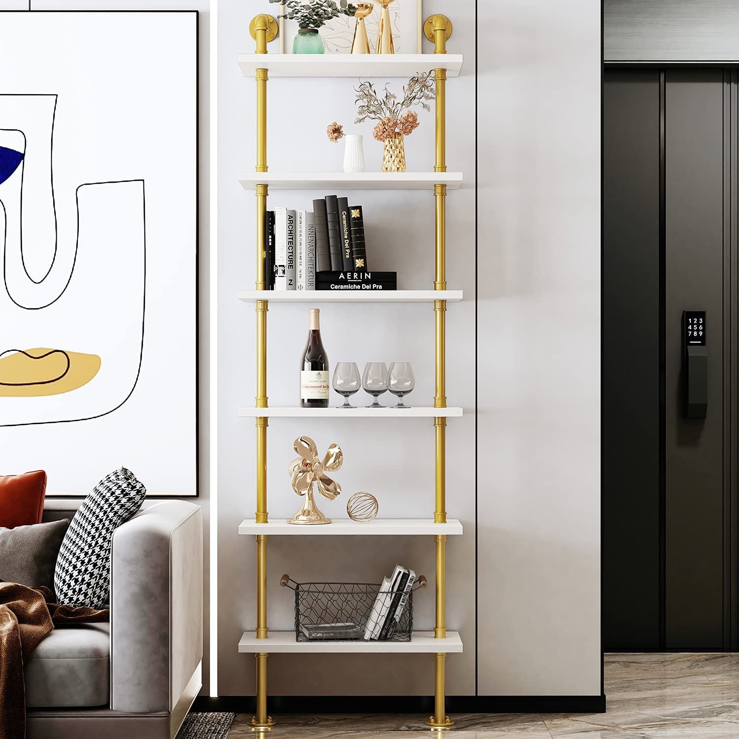 BOSURU Gold Wall Bookshelves with White Shelves Rustic Industrial ...