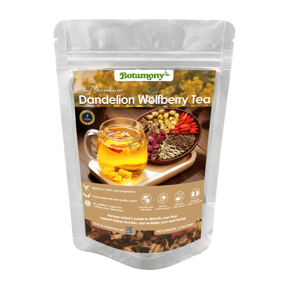 BOTAMONY Premium 15 Dandelion Wolfberry Tea Bags Organic 10g/tea bag, Six Herbal Ingredients 100% Natural Pure Handmade, Supports Kidneys & Liver Health, Non-GMO, Improve Digestion & Immune System