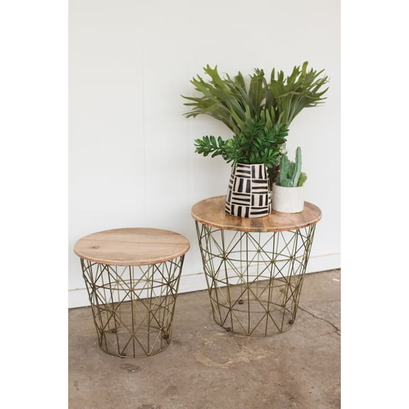 GwG Outlet Set of 2 Side Tables with Wire Bases and Mango Wood Tops NKE1021