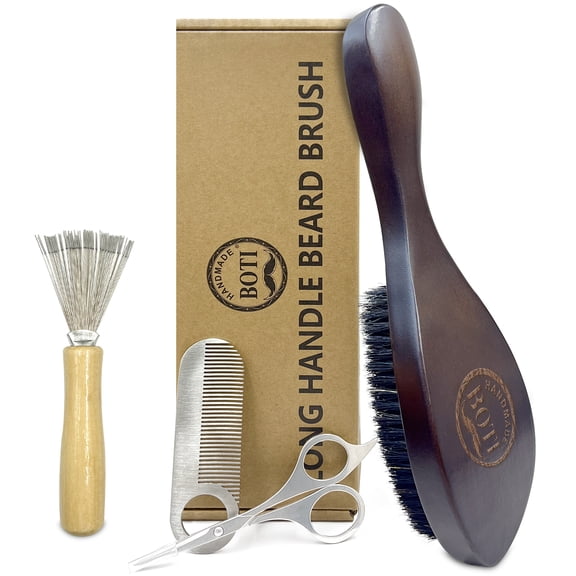 BOTI Beard Brush 4-in-1 Set for Men - Natural Boar Bristle Brush & Stainless Steel Beard Comb, Combing Brush Scissors - Great for Grooming Beards and Mustaches